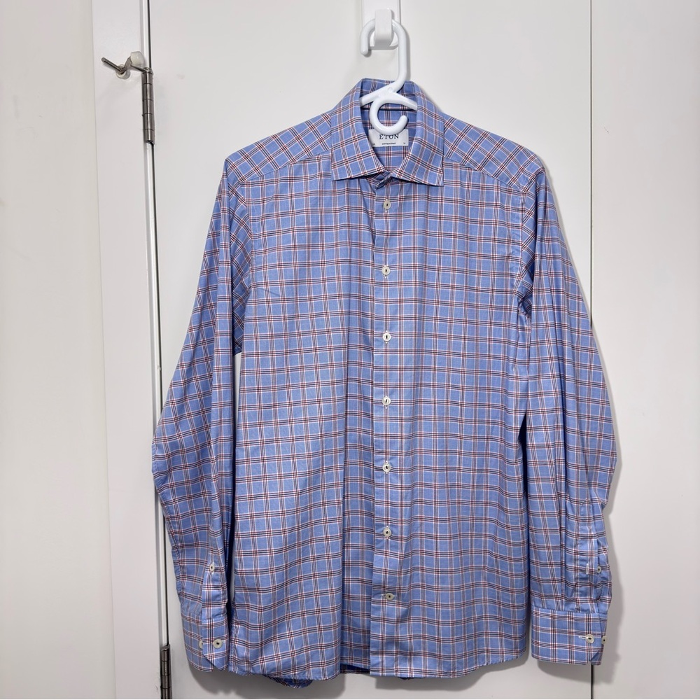Eton Shirt contemporary Men's Light Blue Plaid Button-Down 100% cotton SZ  38-15